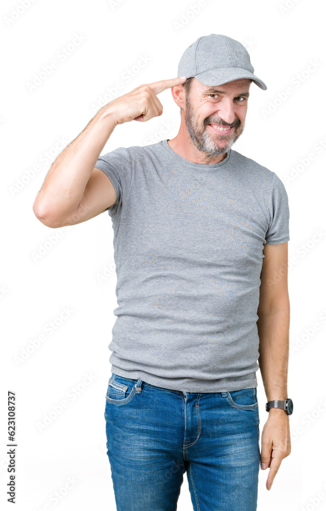 Handsome middle age hoary senior man wearing sport cap over isolated background Smiling pointing to head with one finger, great idea or thought, good memory Handsome middle age hoary senior man wearing sport cap over isolated background Smiling pointing to head with one finger, great idea or thought, good memory