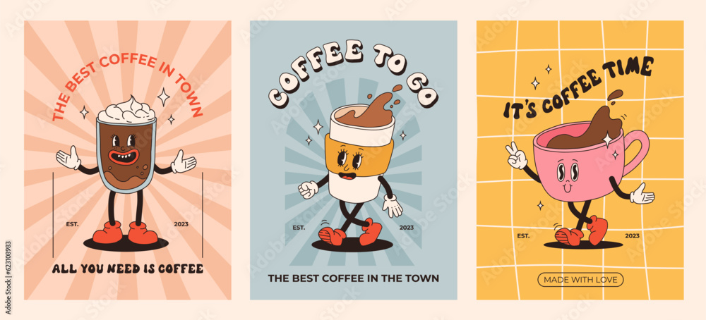Retro poster set with coffee mascot, cartoon characters, funny colorful doodle style characters, cappuccino, cocoa, latte, espresso. Vector illustration with typography elements