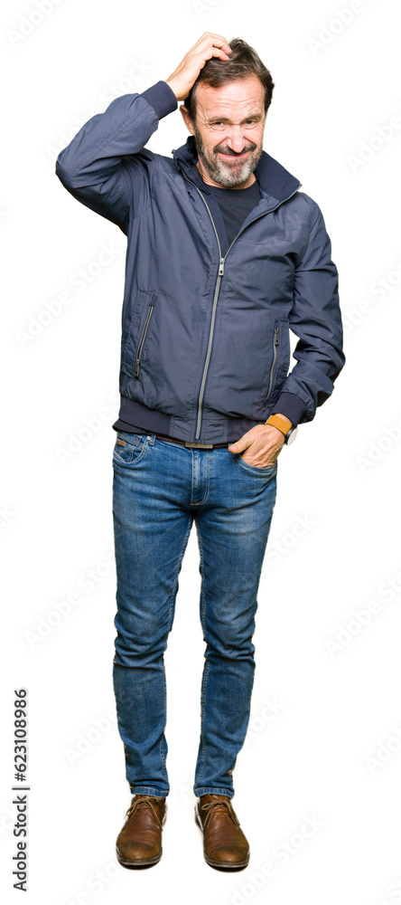 Middle age handsome man wearing a jacket confuse and wonder about question. Uncertain with doubt, thinking with hand on head. Pensive concept.