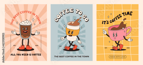 Retro poster set with coffee mascot, cartoon characters, funny colorful doodle style characters, cappuccino, cocoa, latte, espresso. Vector illustration with typography elements © tanyabosyk