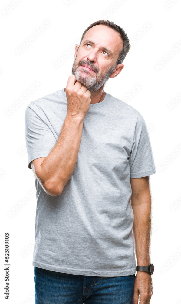 Middle age senior hoary man over isolated background with hand on chin thinking about question, pensive expression. Smiling with thoughtful face. Doubt concept. Middle age senior hoary man over isolated background with hand on chin thinking about question, pensive expression. Smiling with thoughtful face. Doubt concept.