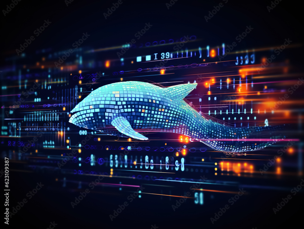 Fototapeta premium biological systems or science research and big data information technology with whale fish or marine life.digital field stream.generative ai images
