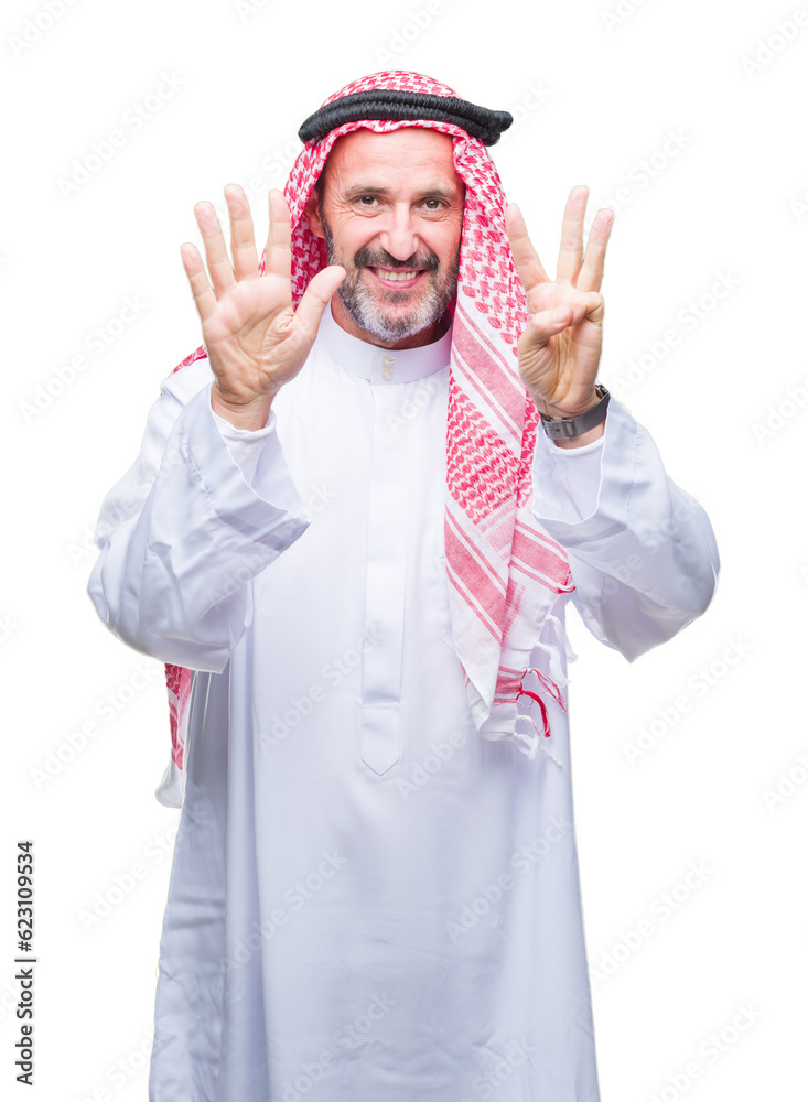 Senior arab man wearing keffiyeh over isolated background showing and pointing up with fingers number eight while smiling confident and happy. Senior arab man wearing keffiyeh over isolated background showing and pointing up with fingers number eight while smiling confident and happy.