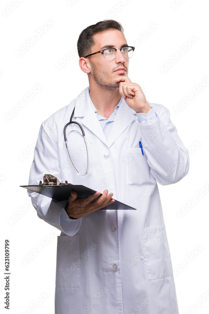 Handsome young doctor man holding a clipboard serious face thinking about question, very confused idea Handsome young doctor man holding a clipboard serious face thinking about question, very confused idea