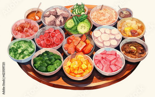 Bowl of different foods in different colors, in the style of shaped canvas, hallyu AI Generative