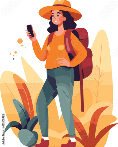 Beautiful girl with backpack, Trekking, mountain trip, flat illustration