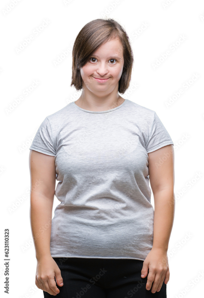 Young adult woman with down syndrome over isolated background with a happy and cool smile on face. Lucky person. Young adult woman with down syndrome over isolated background with a happy and cool smile on face. Lucky person.