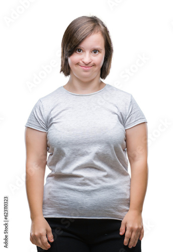 Young adult woman with down syndrome over isolated background with a happy and cool smile on face. Lucky person.