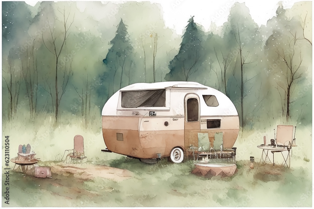 Traveling by car on the road is painted in watercolor technique. The concept of road travel in a mobile home.