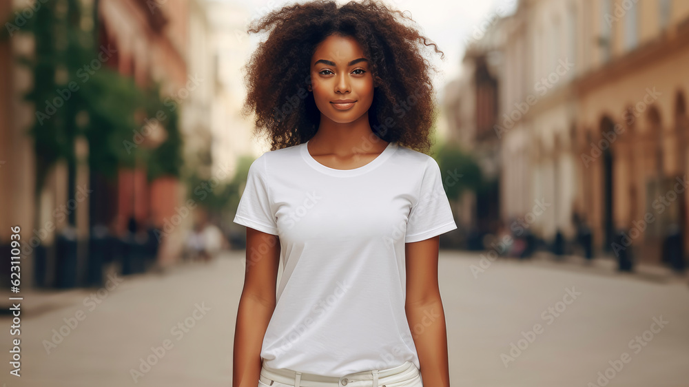 Plain white t-shirt mockup design. Portrait of young afro american woman on urban background. Front view. Plain white t-shirt mockup design. Portrait of young afro american woman on urban background. Front view.