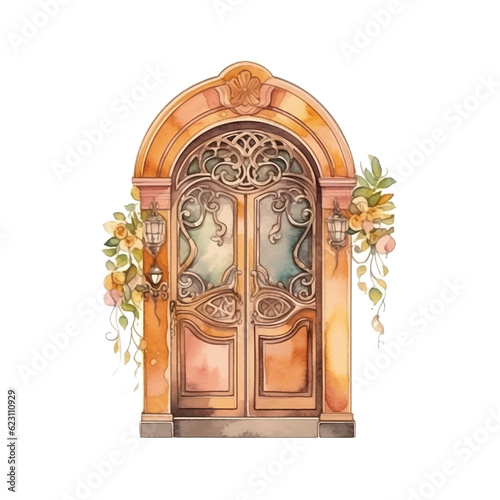  Vintage door watercolor hand paint.