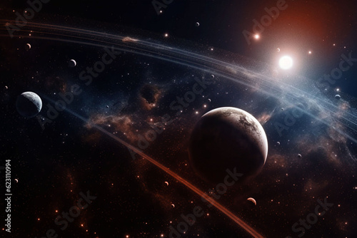 Space, planets and orbit ring in universe, galaxy and solar system with neptune, mars and pluto. Ai generated, background and futuristic cosmos in night, dark sky and astronomy atmosphere