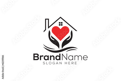 Hand and heart lovely home logo design vector template