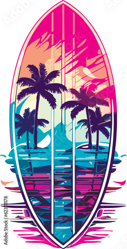 surfboard with palms, ocean and sunset, t-shirt design vector illustration
