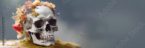 Flower Crown Skull - Day of the Dead Festive Artwork - Generative AI