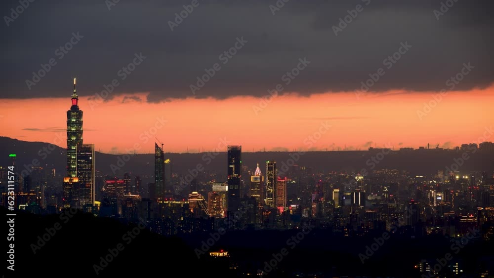 At dusk, the night view of Taipei gradually brightens. Dynamic clouds. View of the urban landscape from Dajianshan Mountain, New Taipei City, Taiwan At dusk, the night view of Taipei gradually brightens. Dynamic clouds. View of the urban landscape from Dajianshan Mountain, New Taipei City, Taiwan