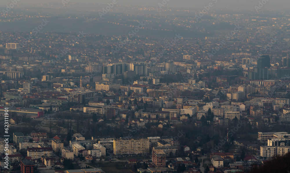 Cityscape of Banja Luka in smog, unhealthy air pollution in big cities