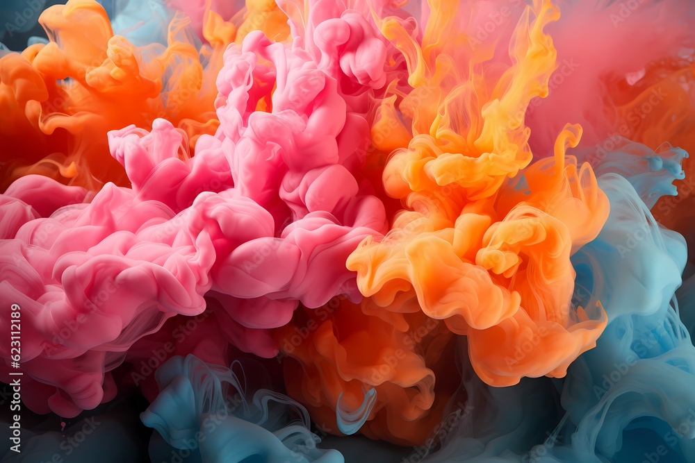 Naklejka premium Puffs of pink smoke in front of a blue background stock photo, in the style of bold color blobs, resin, juxtaposed imagery, realistic hyper 