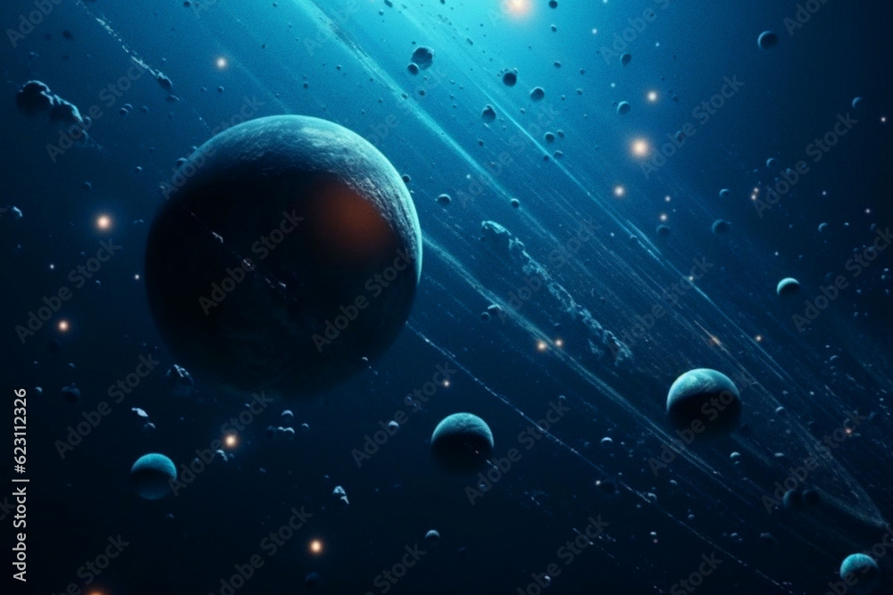 Space, planets and night in universe, galaxy and solar system with jupiter, mars and pluto science. Ai generated, background and futuristic cosmos in dark orbit, dark sky and astronomy atmosphere