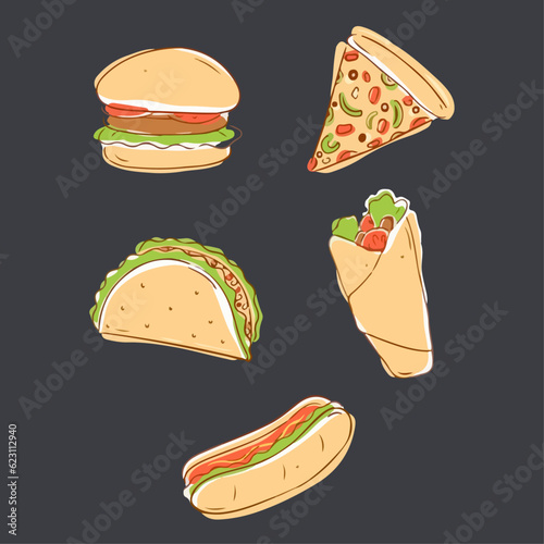 Set of fast food doodle in watercolor style vector illustration. Hamburger, pizza, taco, kebab and hot dog.