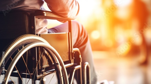 Disabled man in a wheelchair close-up with copy space. AI generation
