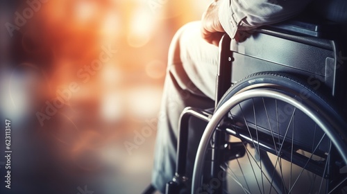 Disabled man in a wheelchair close-up with copy space. AI generation photo