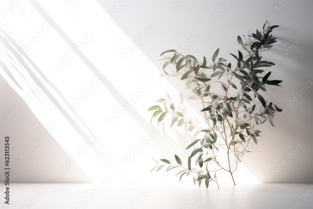 Light from a window on a white wall and branch of tree or plant. Generative AI Light from a window on a white wall and branch of tree or plant. Generative AI