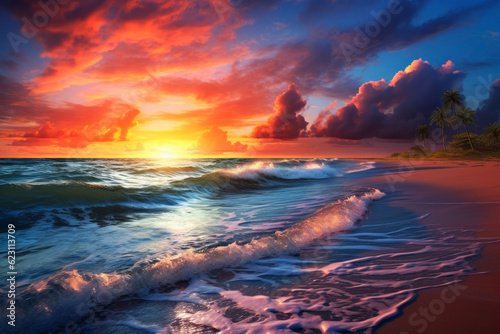 Sunset on the beach. Generative AI © Artsiom P