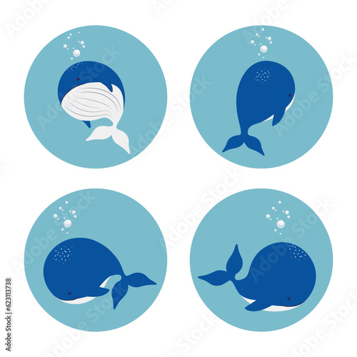 Collection of cute flat whales in a round frame. Vector illustration