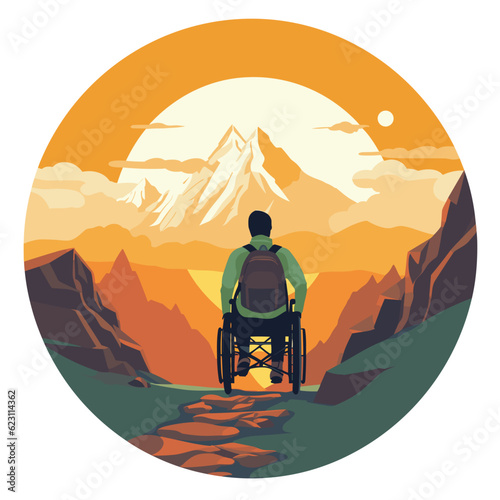 person on wheelchair on mountains vector flat isolated illustration