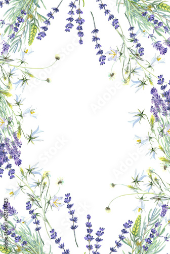Lavender frame  wild flowers  floral elements  lilac flowers  campanula. Stock illustration on a white background. Hand painted in watercolor.