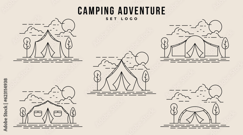 Set Bundle of Camping Logo Line Art Simple Minimalist Illustration Template Icon Design. Adventure Activity Outdoor Summer Camp.