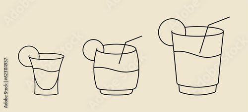 Set Bundle of Simple Outline Glass Icon Design. Cocktail Glass Icon Design. Minimalist Design.
