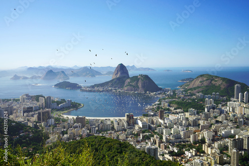 Tableau sur toile Rio de Janeiro cityscape and Guanabara Bay with flock of birds in the sky, Rio d
