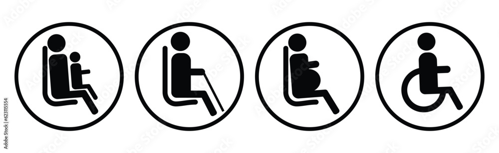 A set of icons for public transport. The seat of an elderly man, a pregnant woman, a disabled person. Icons for determining places in the subway, train, bus A set of icons for public transport. The seat of an elderly man, a pregnant woman, a disabled person. Icons for determining places in the subway, train, bus