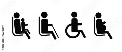 A set of icons for public transport. The seat of an elderly man, a pregnant woman, a disabled person. Icons for determining places in the subway, train, bus