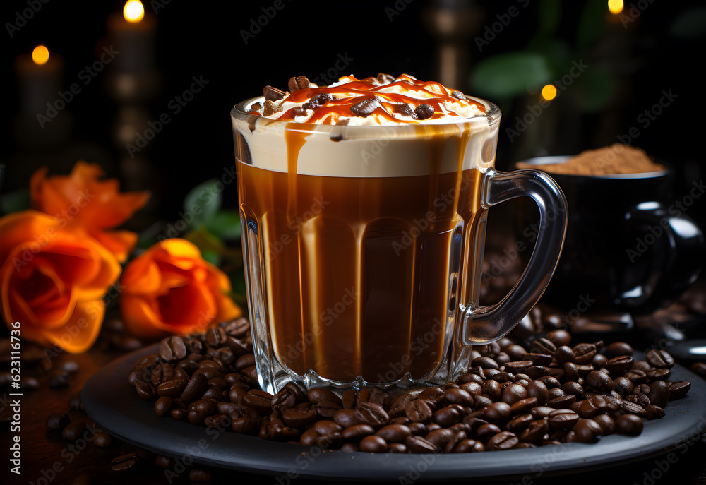 Cappuccino with whipped cream and caramel on a dark background Cappuccino with whipped cream and caramel on a dark background