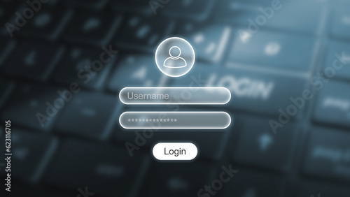 Login UI (User Interface) on top of a laptop keyboard background, technology concept for cyber security and data protection, user authentication and access in digital platforms, username and password