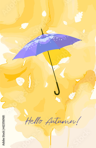 Vertical autumn banner with blue umbrella on yellow watercolor background of autumn leaves. Vector illustration in watercolor style