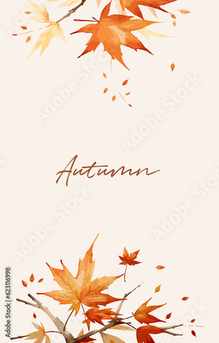Vertical banner with autumn leaves frame. Free space for text on the center. Watercolor style vector illustration