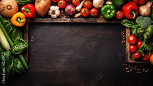 Fresh vegetables on wooden background. Top view with space for your text frame