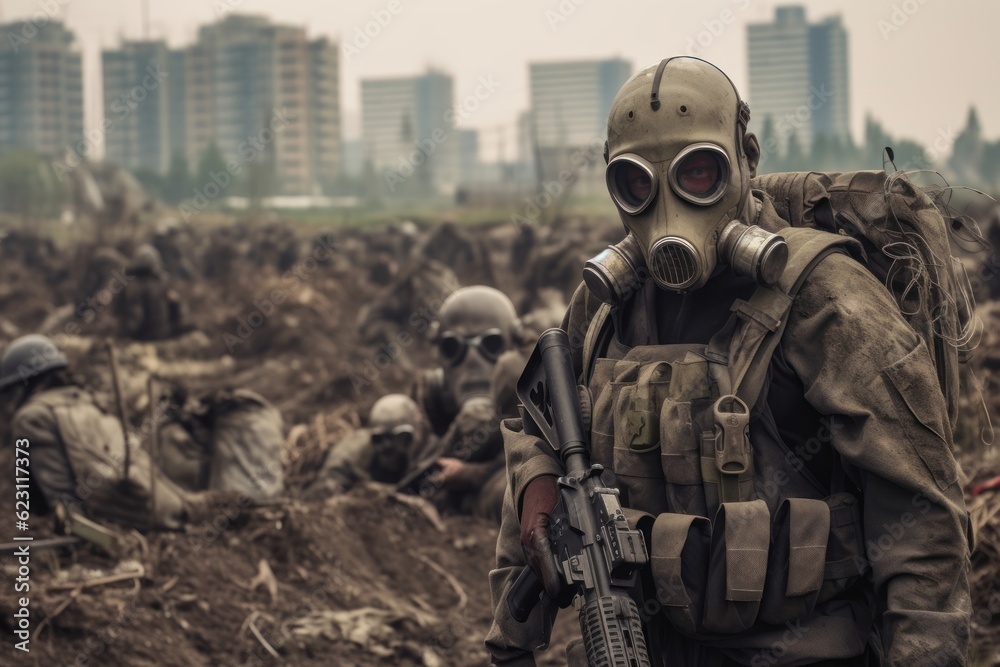 Modern soldier with a gas mask and combat gear standing in front of a ditch full of debris and injured soldiers and civilians. Generative AI 3