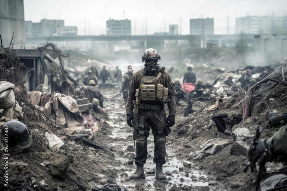 Modern soldier with a gas mask and combat gear standing in front of a ditch full of debris and injured soldiers and civilians. Generative AI Modern soldier with a gas mask and combat gear standing in front of a ditch full of debris and injured soldiers and civilians. Generative AI