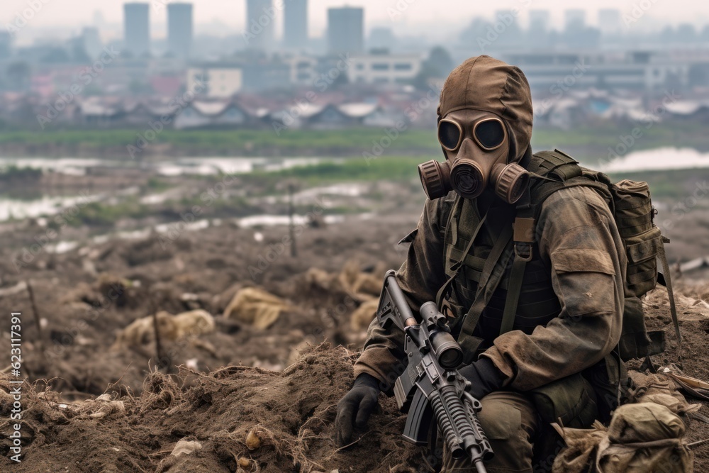 Modern soldier with a gas mask and combat gear standing in front of a ...