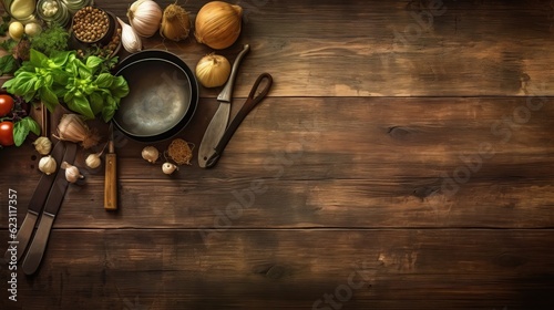 Spices and herbs on stone background. Top view with copy space