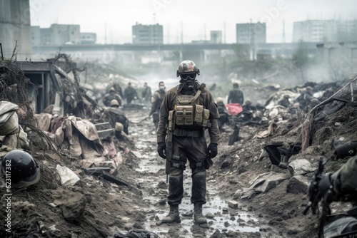 Modern soldier with a gas mask and combat gear standing in front of a ditch full of debris and injured soldiers and civilians. Generative AI