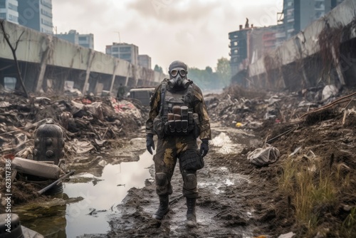 Modern soldier with a gas mask and combat gear standing in front of a ditch full of water and injured soldiers and civilians. Generative AI 2