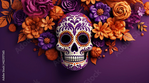 Craneo pintado para el dia de los muertos sobre un fondo morado lleno de flores