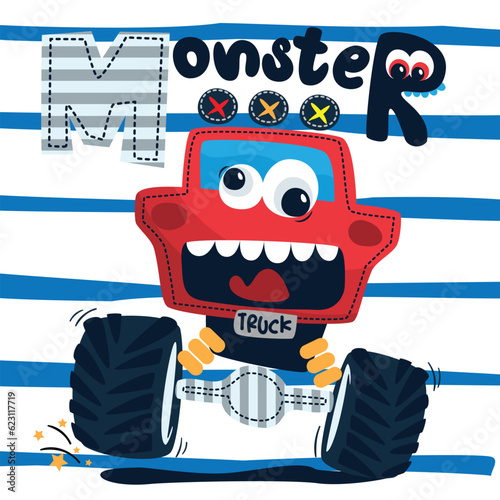Funny cartoon cute red monster truck on striped background illustration vector.