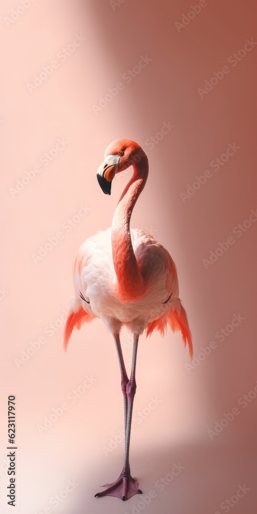 Fototapeta premium pink flamingo in front of pink wall, Standing Pink Flamingo on a Light Pink Background, Enveloped in Natural Shadow and Bathed in Soft Natural Light, Showcasing Exquisite Detail